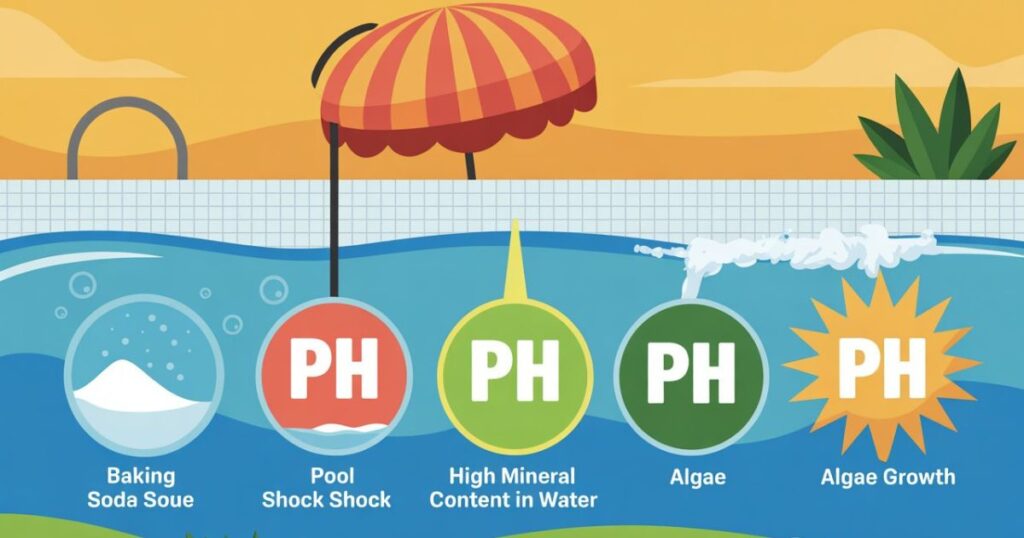 Causes of high pH in pools including baking soda and pool shock effects