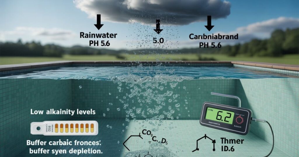 Common causes of low pH in pool including low alkalinity and rainwater