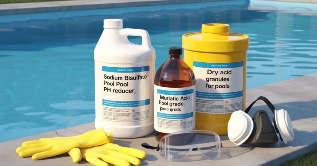 Pool chemicals like sodium bisulfate and muriatic acid to lower pH safely