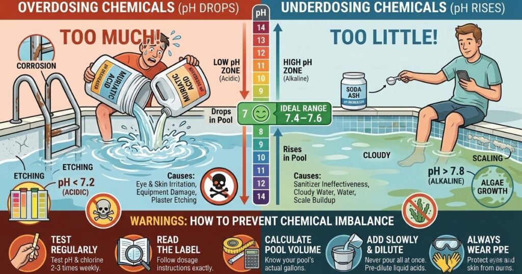 Common mistakes when lowering pool pH causing chemical imbalance