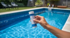 pool technician balancing pool water chemistry and lowering alkalinity