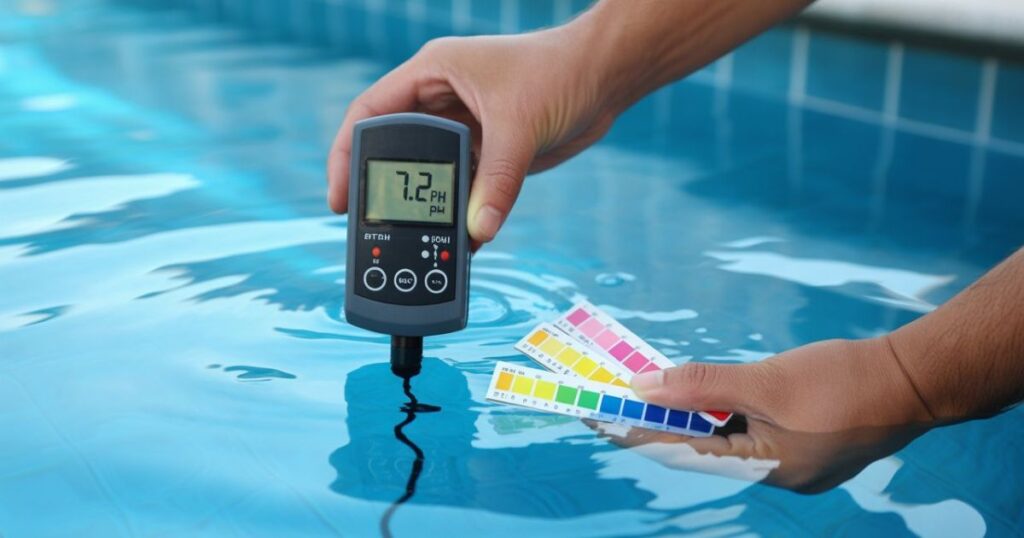 Accurate swimming pool pH testing using pH meter and test strips