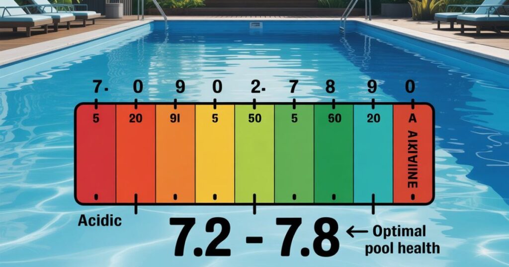 Diagram showing ideal pool pH range 7.2 to 7.8 with acidic and alkaline levels