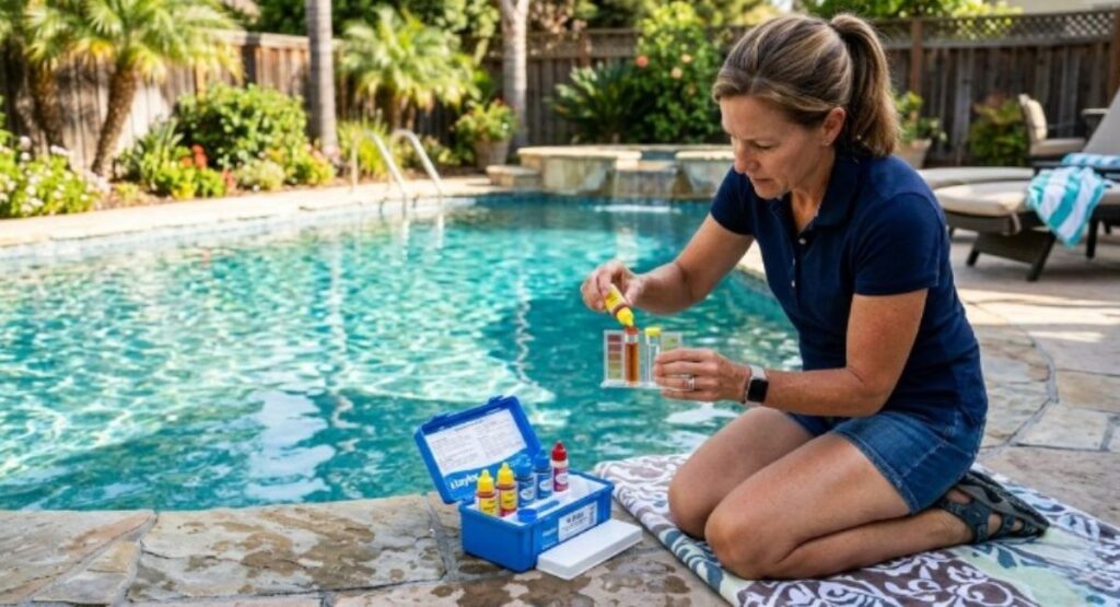 testing swimming pool water with pool test kit