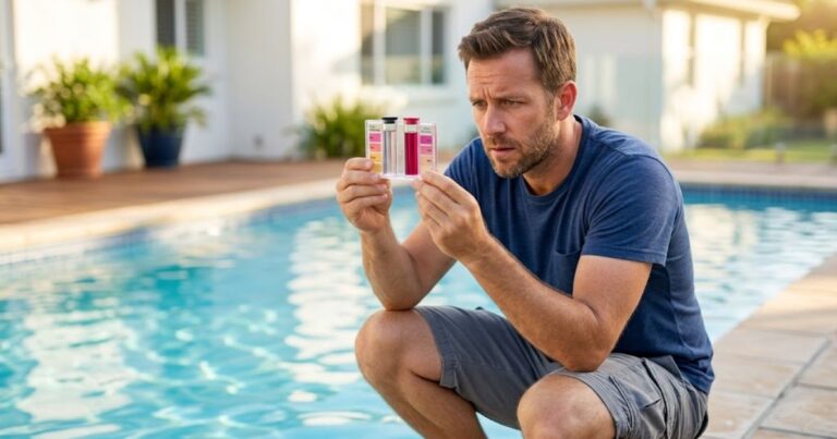 how to lower chlorine in a pool — DPD test kit showing dangerously high dark pink reading at pool edge