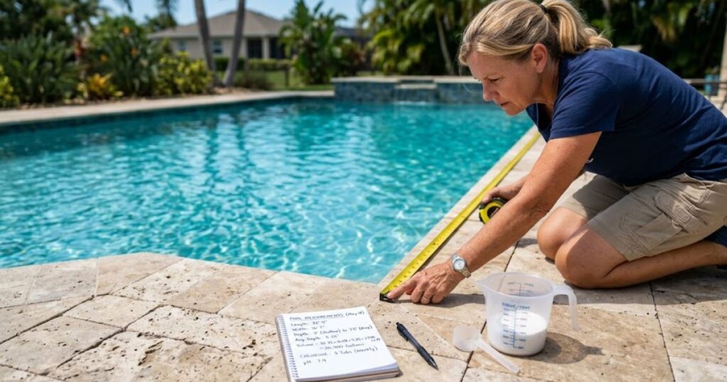 measuring pool dimensions with tape measure to calculate pool volume before adding chlorine neutralizer