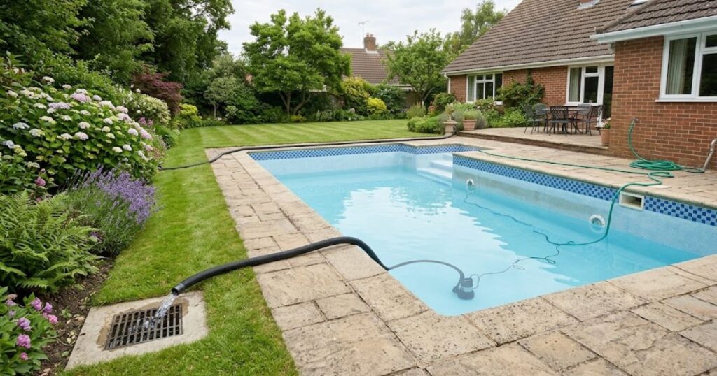 partial pool drain to lower chlorine level — drainage hose removing pool water before refilling with fresh clean water