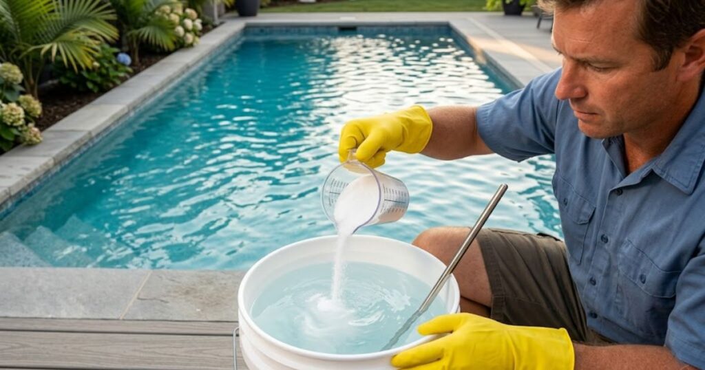 pre-dissolving sodium thiosulfate chlorine neutralizer in bucket before adding to pool to lower chlorine level