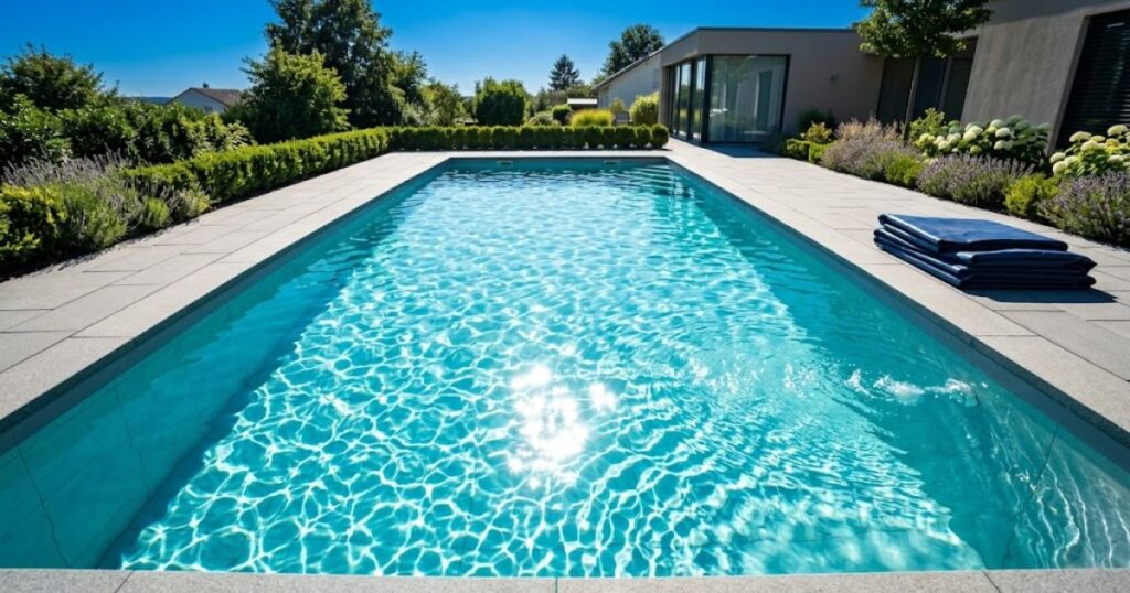 sunlight naturally lowering pool chlorine through UV photolysis — pool cover removed on bright sunny summer day