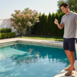 Homeowner holding a pool test kit and bucket beside a clear backyard pool — how to lower alkalinity in a pool safely