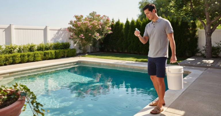 Homeowner holding a pool test kit and bucket beside a clear backyard pool — how to lower alkalinity in a pool safely