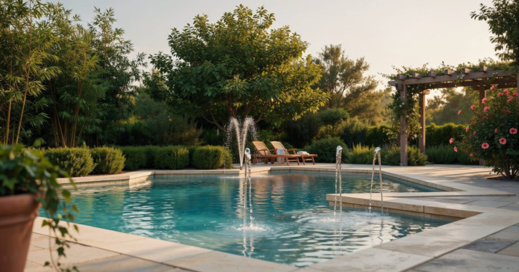 Backyard pool fountain aerating water surface to raise pH after acid treatment