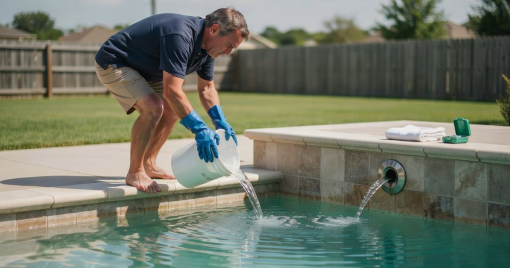 Pool owner pouring pre-diluted muriatic acid in front of return jet to lower alkalinity