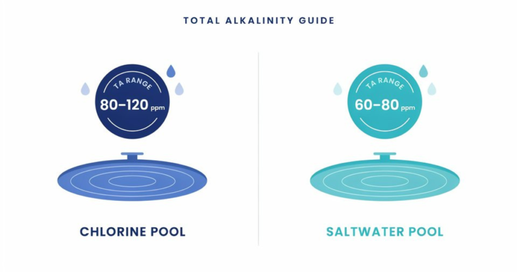 Infographic showing chlorine pool TA range 80-120 ppm vs saltwater pool 60-80 ppm