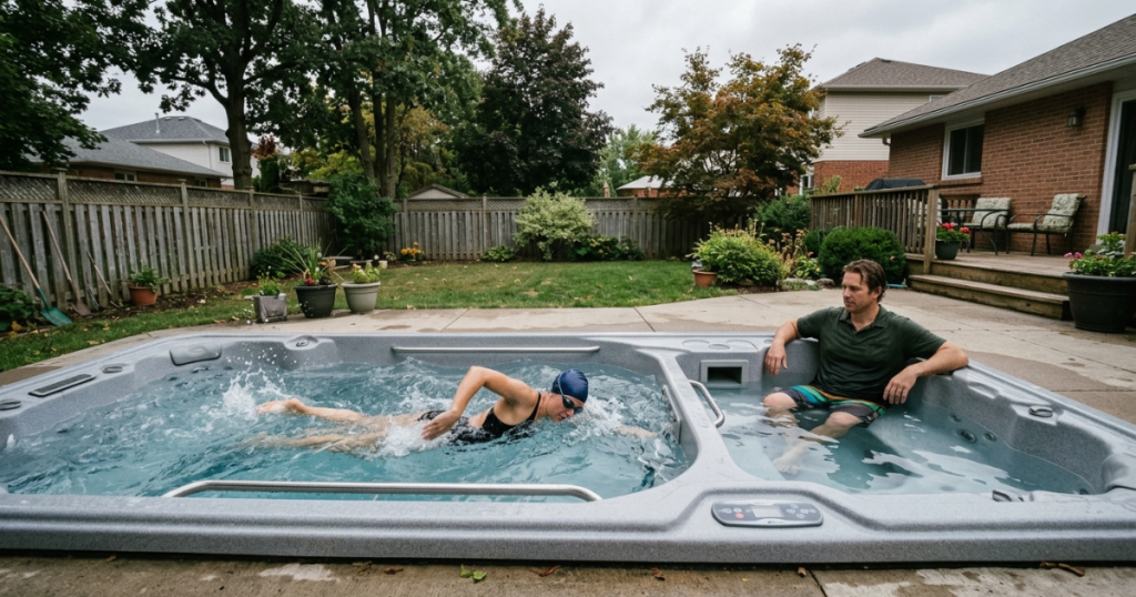 One adult swimmer filling the full swim lane of a swim spa while a second person waits in the spa section, illustrating the single-swimmer limitation