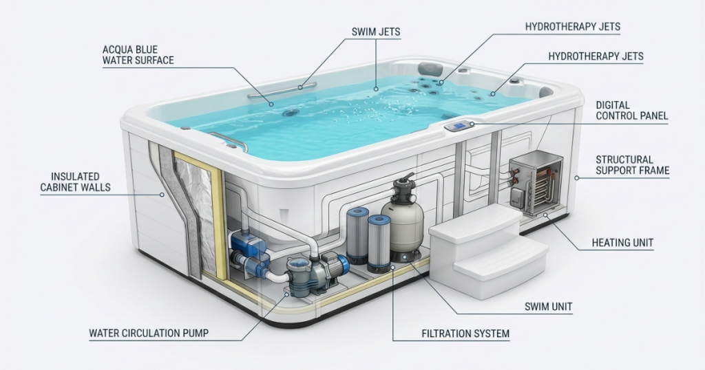 Cutaway diagram of a swim spa showing internal components including insulated cabinet, water circulation pump, filtration system, and heater