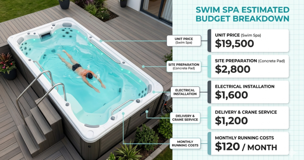 Swim spa cost breakdown infographic showing unit price range, concrete pad, electrical installation, delivery, and monthly running costs