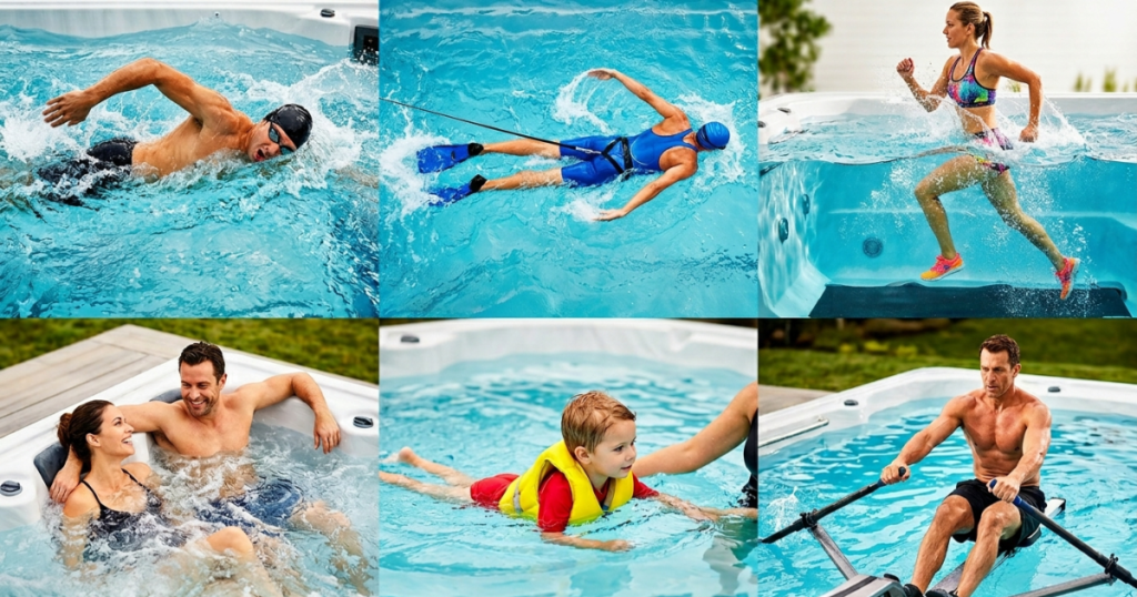 Six-panel collage showing swim spa uses including lap swimming against a current, tethered resistance training, aqua jogging, hydrotherapy, family use, and aquatic rowing