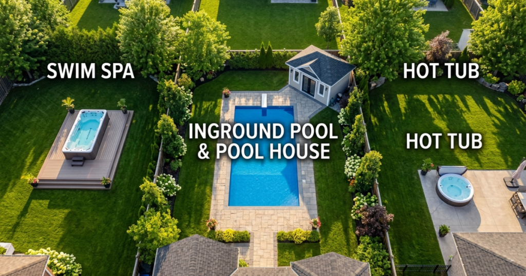 Aerial view comparing three backyard water installations side by side — a compact swim spa on a deck, a full inground pool, and a small round hot tub on a patio