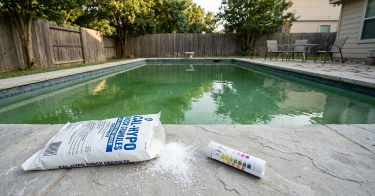 why pool shock is not working — test strip reading zero free chlorine next to cal-hypo shock bag on pool coping