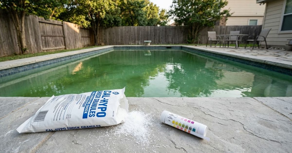 why pool shock is not working — test strip reading zero free chlorine next to cal-hypo shock bag on pool coping