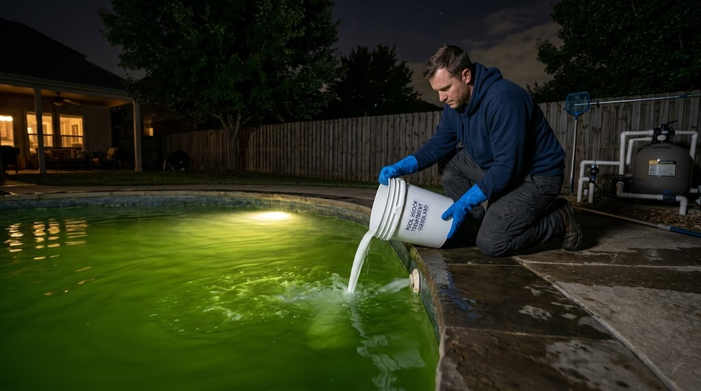 adding pool shock to green pool at night — correct timing for shocking green pool to prevent UV destroying the treatment