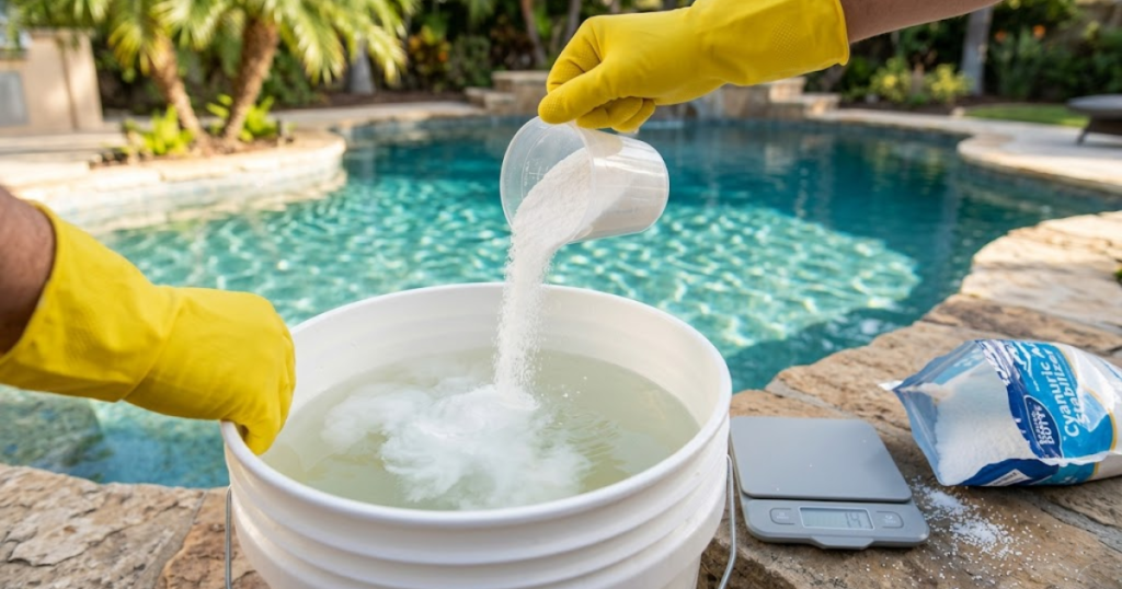 adding cyanuric acid pool stabilizer — dissolving CYA granules in bucket before adding to raise pool CYA level