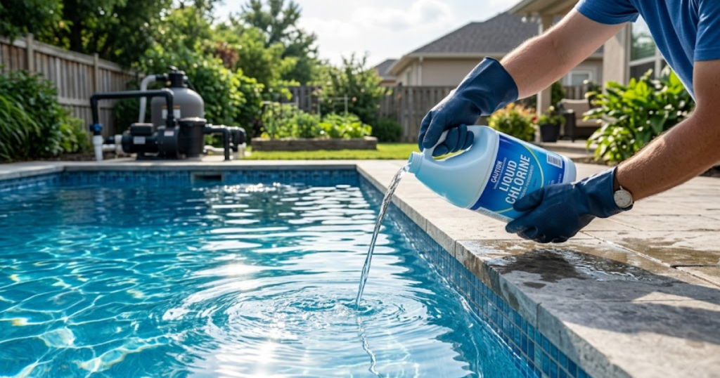 adding liquid chlorine to raise pool chlorine level — pouring around perimeter with pump running