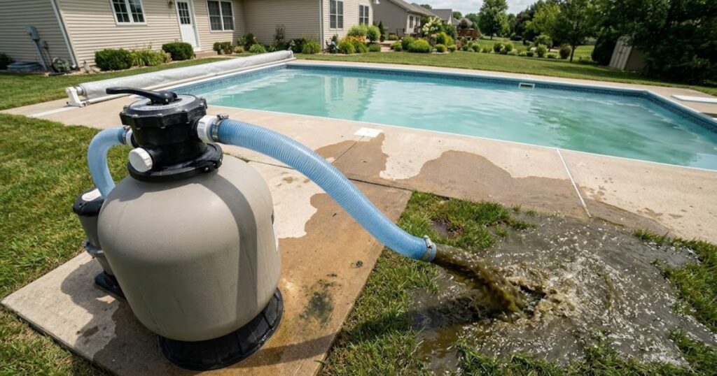 backwashing pool sand filter during cloudy pool recovery after shocking — dirty water exiting backwash hose