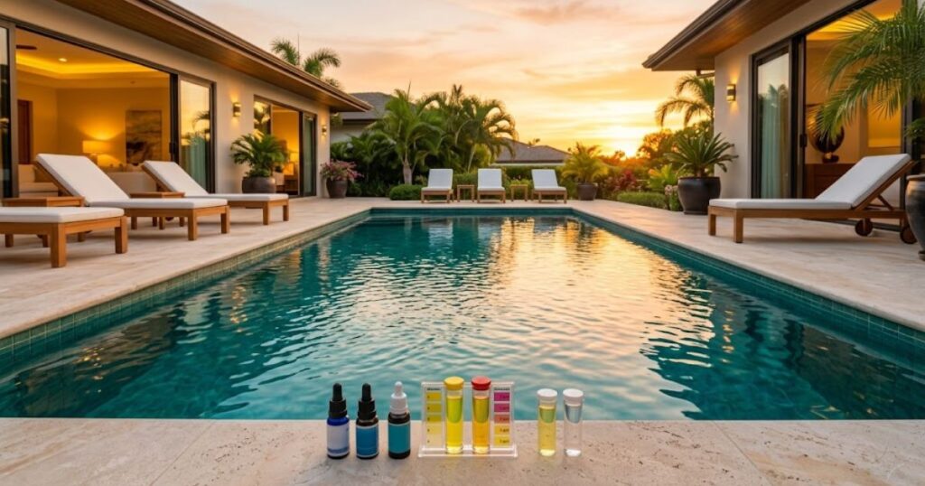 balanced pool water chemistry result — crystal clear blue pool with perfect chemical levels after correct treatment