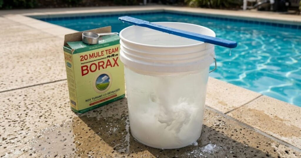 Borax pre-dissolving in a 5-gallon bucket on pool deck before adding to pool water for pH adjustment