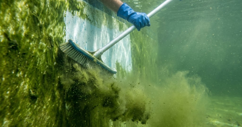 brushing green algae from pool walls before shock treatment — essential step most people skip when shocking a green pool