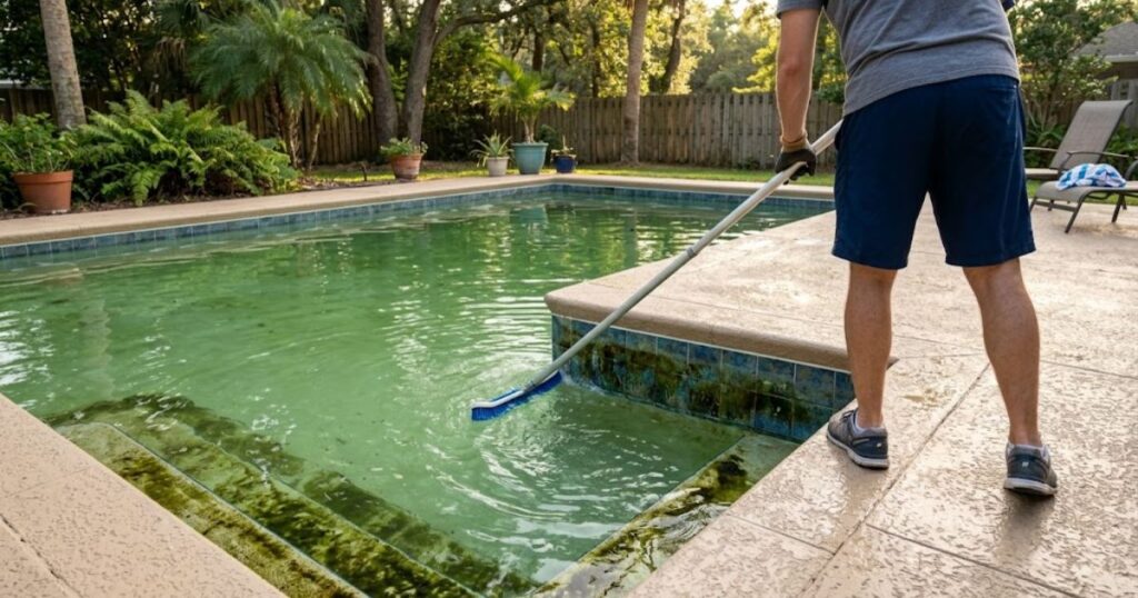 brushing pool walls to break up algae bloom before pool shock treatment — residential backyard pool