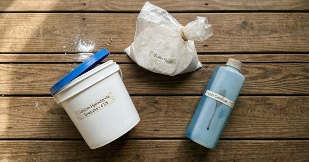 Calcium hypochlorite powder, dichlor granular shock, and liquid chlorine side by side on a pool deck