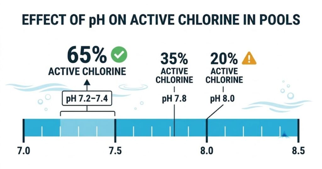 chart showing chlorine effectiveness percentage at different pH levels — 65% active at 7.4, only 20% active at pH 8.0