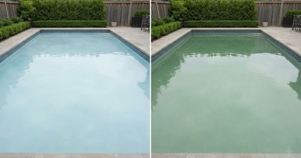 cloudy pool water after shocking cloudy pool water diagnosis — milky white calcium precipitation versus green-grey dead algae cloudiness
