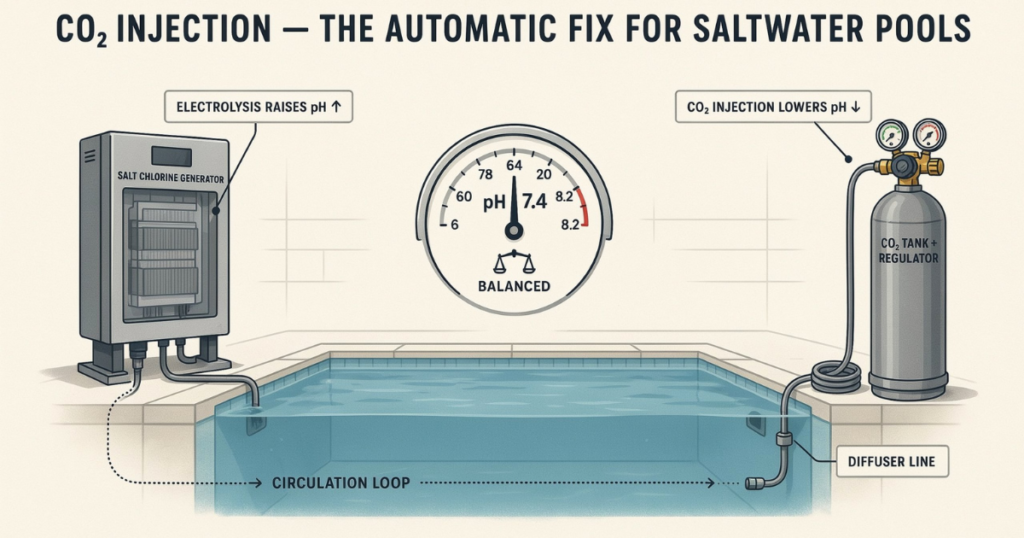 CO2 injection system installed beside saltwater pool equipment pad to automatically lower pool pH naturally without chemicals