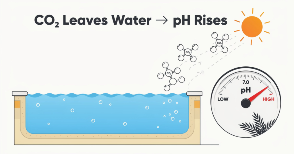 Diagram showing CO2 offgassing from pool water surface causing pool pH to rise naturally over time