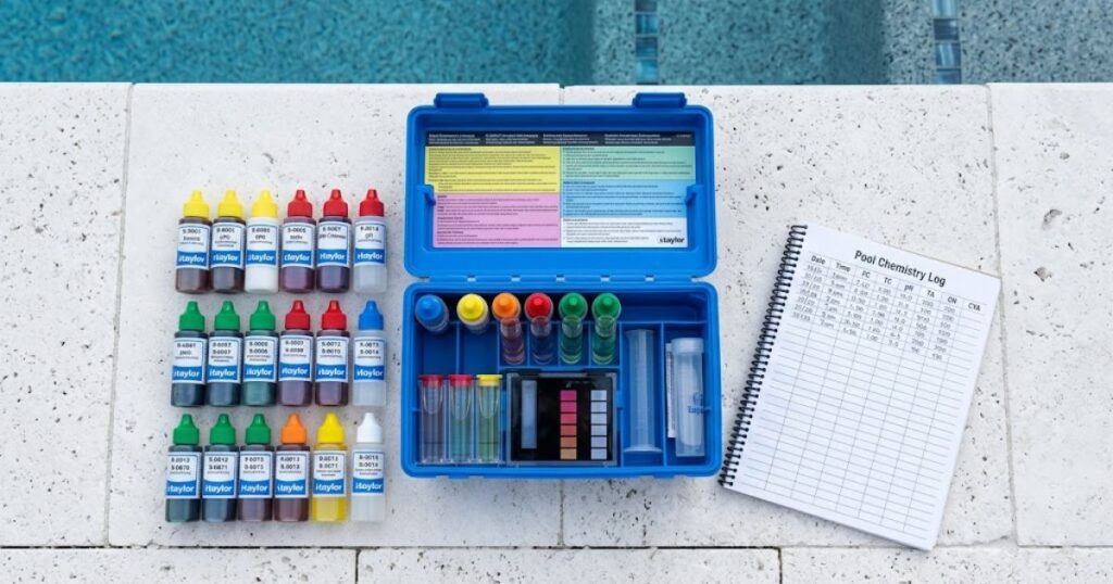 complete pool chemistry test kit showing all parameters — free chlorine pH alkalinity CYA and calcium hardness