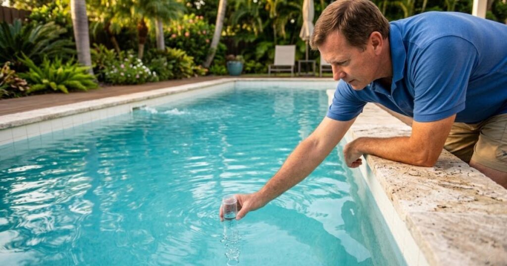 correct pool water testing technique — collecting water sample at mid-pool elbow depth for accurate chemistry reading