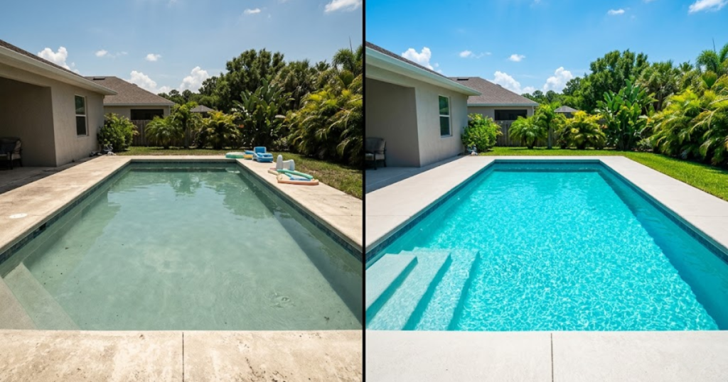 cyanuric acid protecting pool chlorine from UV sunlight — pool without CYA versus protected pool with ideal stabilizer levels