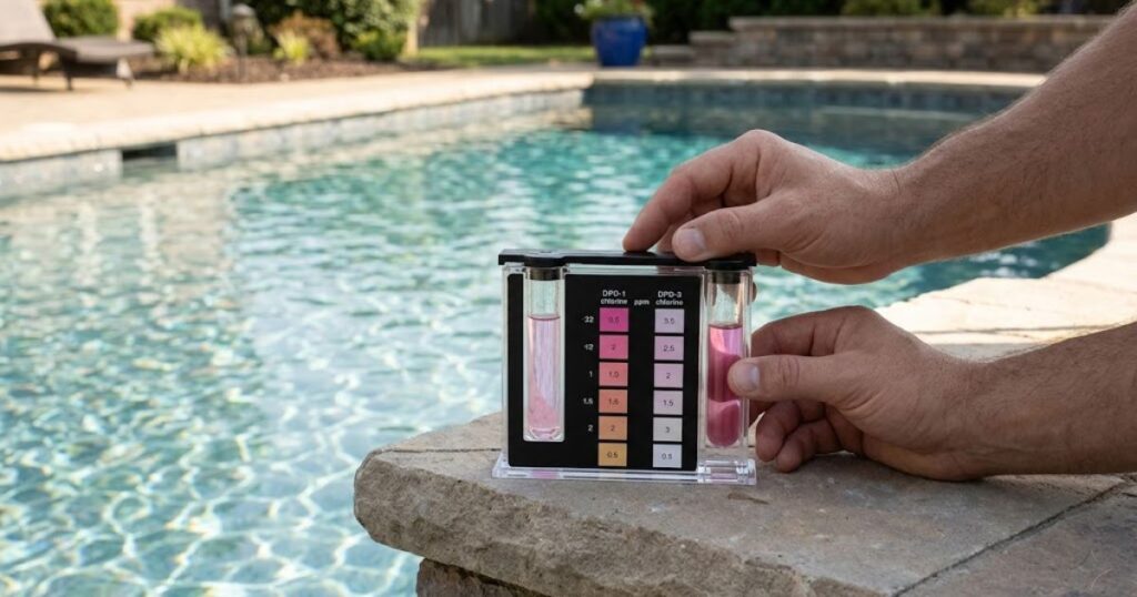 DPD liquid test kit testing pool water — Taylor Technologies K-2006C comparator showing accurate free chlorine reading