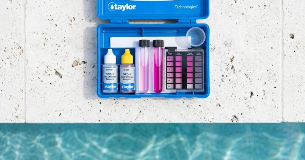 DPD test kit measuring free chlorine and total chlorine separately — DPD-1 and DPD-3 reagents and comparator tubes
