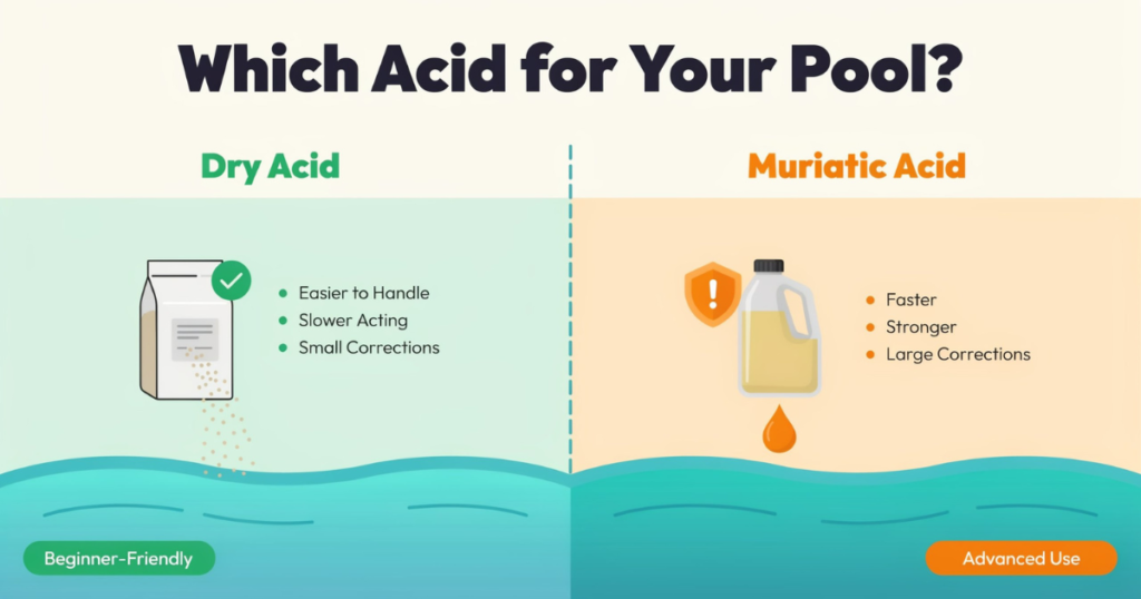 Muriatic acid gallon jug with measuring cup beside backyard pool for precise pH correction dosing