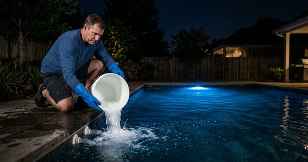 eliminating pool chlorine smell fast — shocking pool at night to destroy chloramines and stop odor