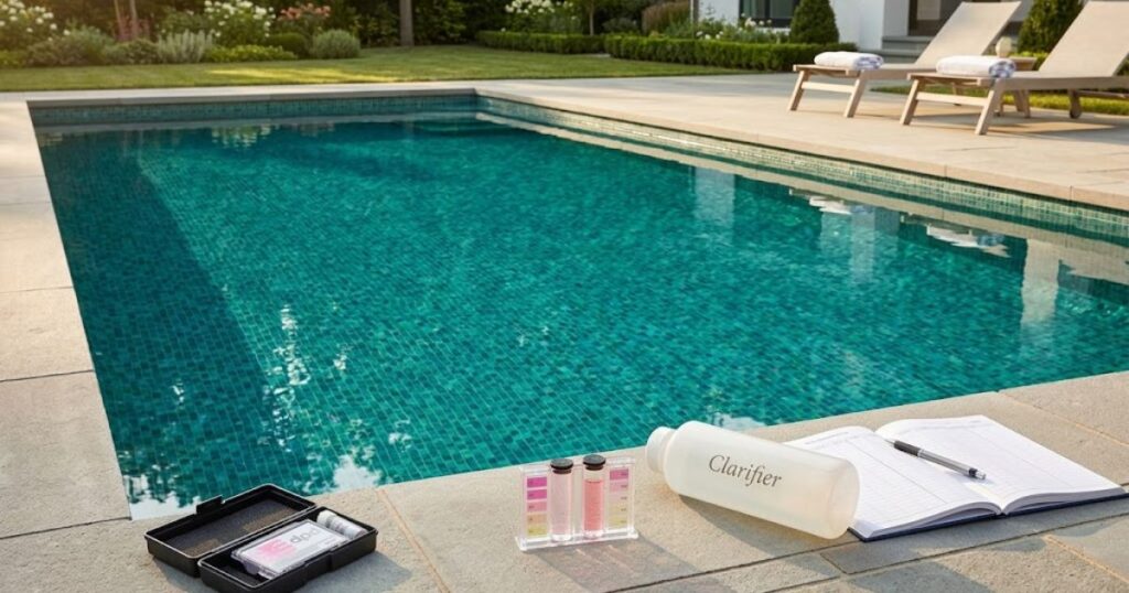 clear pool after successfully treating cloudy water after shocking — crystal clear blue water fully recovered