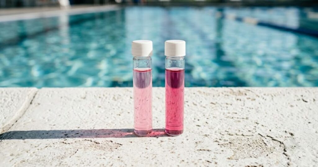 free chlorine versus chloramines comparison — DPD test tubes showing different chlorine readings causing pool smell