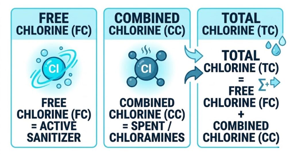 free chlorine vs combined chlorine vs total chlorine diagram explaining the three types in pool water