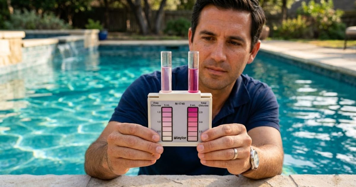 free chlorine vs total chlorine — DPD test kit showing free and total chlorine test tubes with different readings