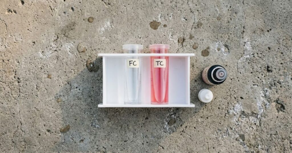 Free chlorine test showing colorless result next to total chlorine test showing pink reaction — combined chlorine comparison